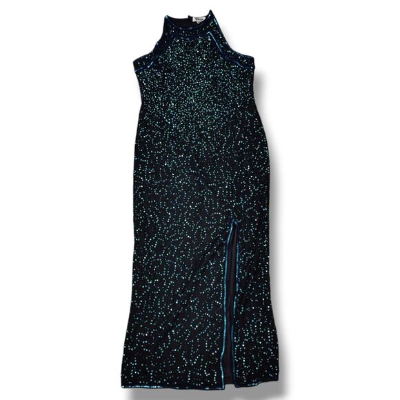 Vintage 90s Sequin Formal Prom Evening Dress Size L Halter Neck Thigh Slit - Picture 2 of 16